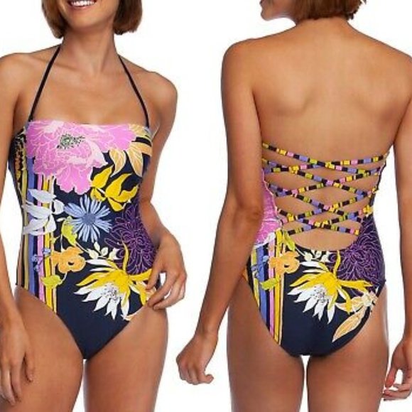 TRINA TURK L swimsuit strapless bandeau one piece removable strap